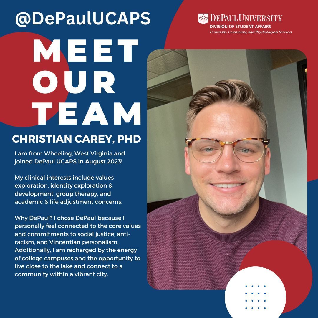 Meet our #DePaulUCAPS team! Christian Carey, PhD is a Staff Therapist @DePaulUCAPS. He also leads our #LGBTQIA+ Student Support Group.

#FavoriteQuote: “To accept the way in which one is lost is to be also found and not found” - José Esteban Muñoz