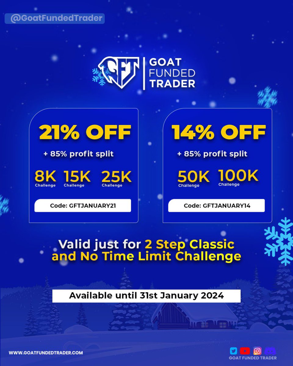 GoatFunded's tweet photo. GFT JANUARY PROMOTION:

🚨GFT TWO DISCOUNTS ALERT🚨

21% OFF + 85% Profit Split: Valid for 8K, 15K and 25k challenges🔥

🔵 Promo code: GFTJANUARY21 🎟 

14% OFF + 85% Profit Split: Valid for 50K - 100K -  challenges🔥

🔵 Promo code: GFTJANUARY14 🎟️

AVAILABLE FOR JANUARY ✅

https://t.co/CGhbbvzxeu