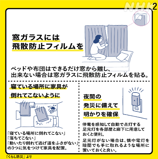 nhk_ikiruskill's tweet photo. 【就寝前の地震の備え】
不安な夜をお過ごしの方も多いと思います。

ゆっくりお休みにはなれないかもしれませんが、
横になる際には、必ず確認をお願いします。

✅ 寝ている場所に物が落ちてこないように
✅ 近くに靴やスリッパの準備を

https://t.co/YG2PWX7dN5 https://t.co/d2izU0W2CK
