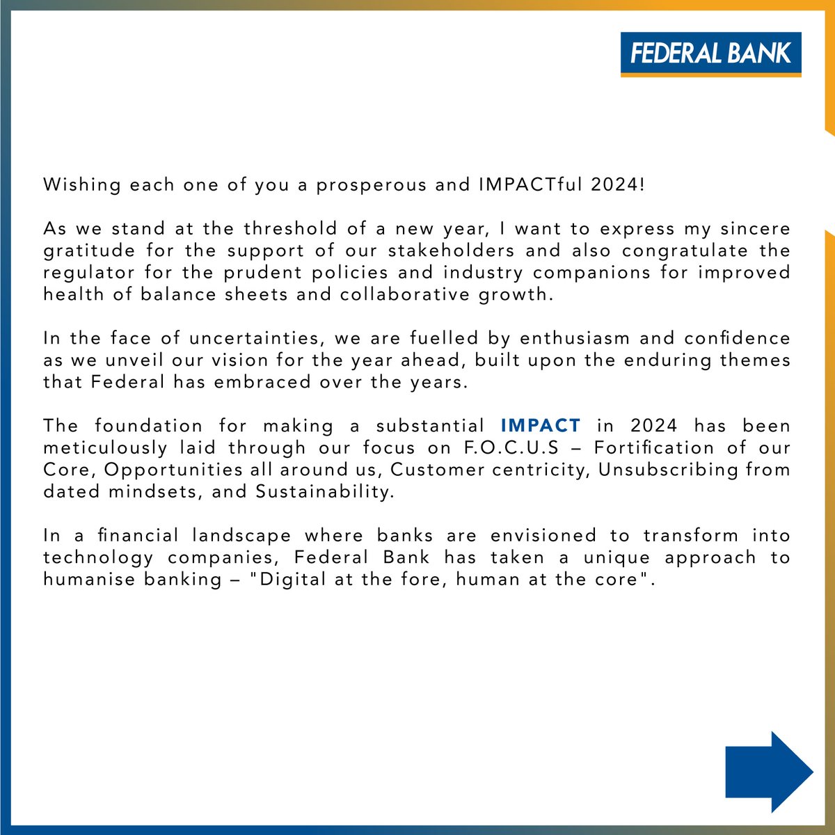 FederalBankLtd's tweet photo. Read the excerpts of New Year message from Mr. Shyam Srinivasan, MD &amp; CEO.

#FederalBank #MostAdmiredBank #PerfectBankingPartner https://t.co/dKOuitiv8U