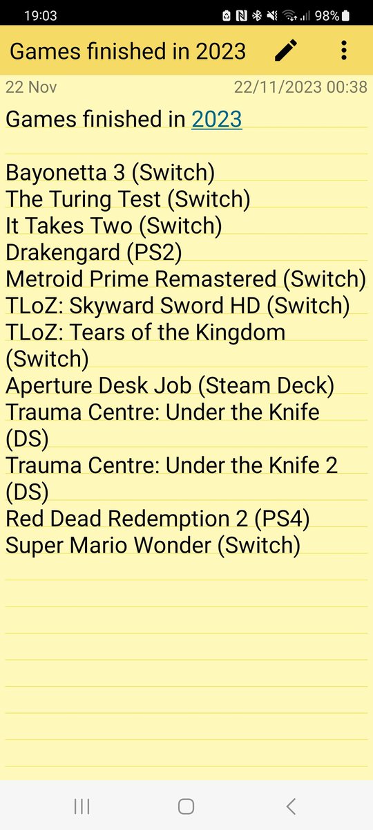 plankingwizard's tweet photo. Here's my list of completed games from 2023. Tears of the Kingdom was excellent, but Red Dead Redemption 2 was an experience I'll never forget. https://t.co/c96Cs99gqA