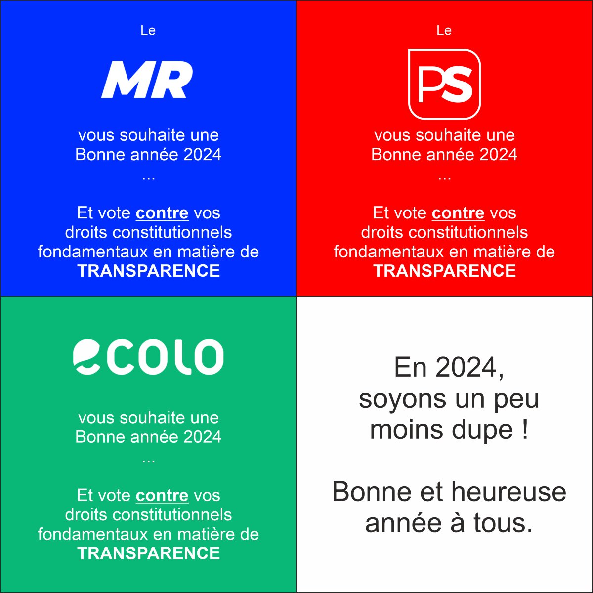 cumuleo's tweet photo. Cette année sera marquée par de multiples élections (européennes, fédérales, régionales, provinciales, communales).

Alors, particulièrement en 2024, ne soyons pas dupe du marketing politique des partis et de leurs représentants.

Bonne année 2024 à tous ! https://t.co/a80V6Fp27N