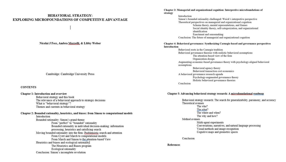 NicolaiFoss's tweet photo. Yesterday, I submitted the manuscript of _Behavioral Strategy: Exploring Microfoundations of Competitive Advantage_ to Cambridge University Press (see pic for frontpage, table of contents). 

#Strategy #SMS #BehavioralStrategy https://t.co/3QKSENjnD8