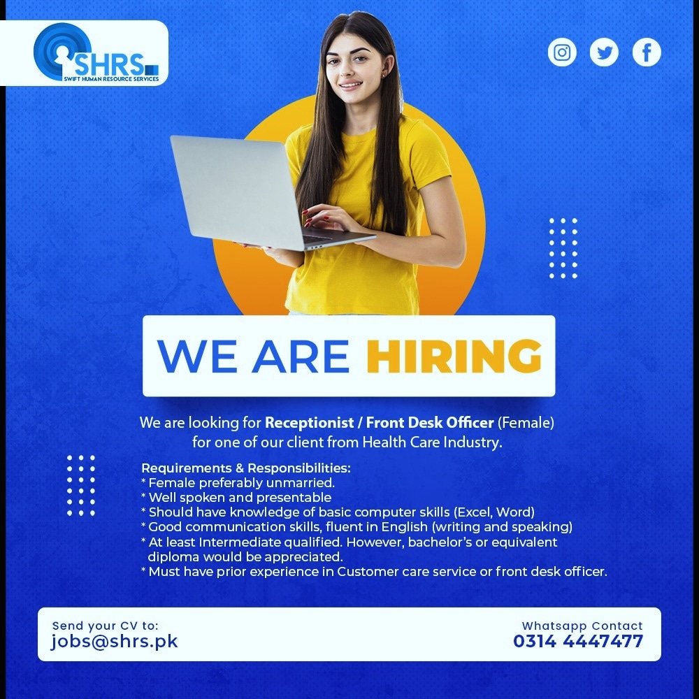shrs7477's tweet photo. Looking for Front Desk Officers in Karachi https://t.co/ziM4jSdMoU