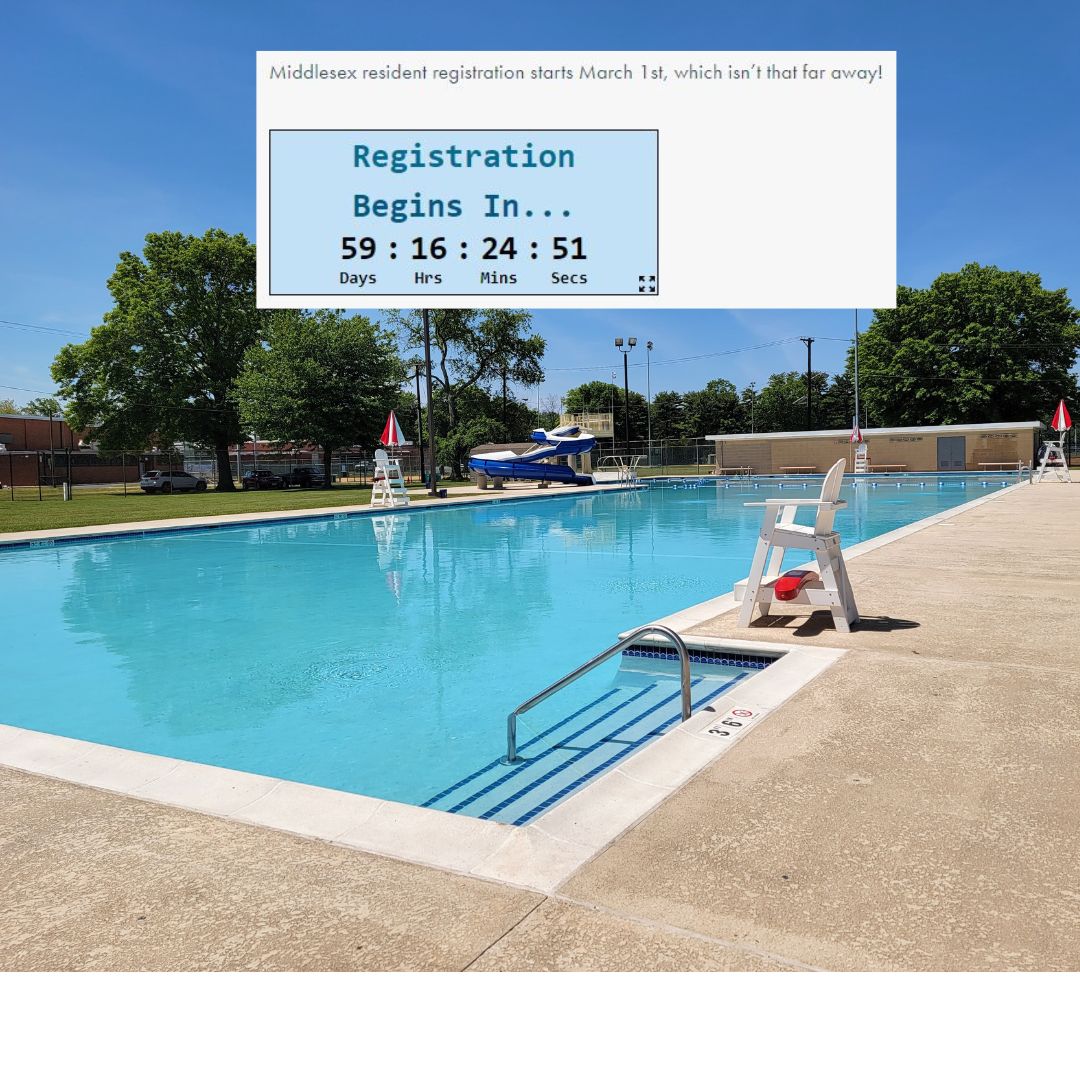 Middlesex Borough Resident Registration opens 3 months from today!

Countdown the time with us on our website!  Are you excited? It'll be here before you know it!
middlesexboro-nj.gov/pool 

#memberregistration #countdown #CountdownToSummer2024 #summerdays #middlesexcommunitypool