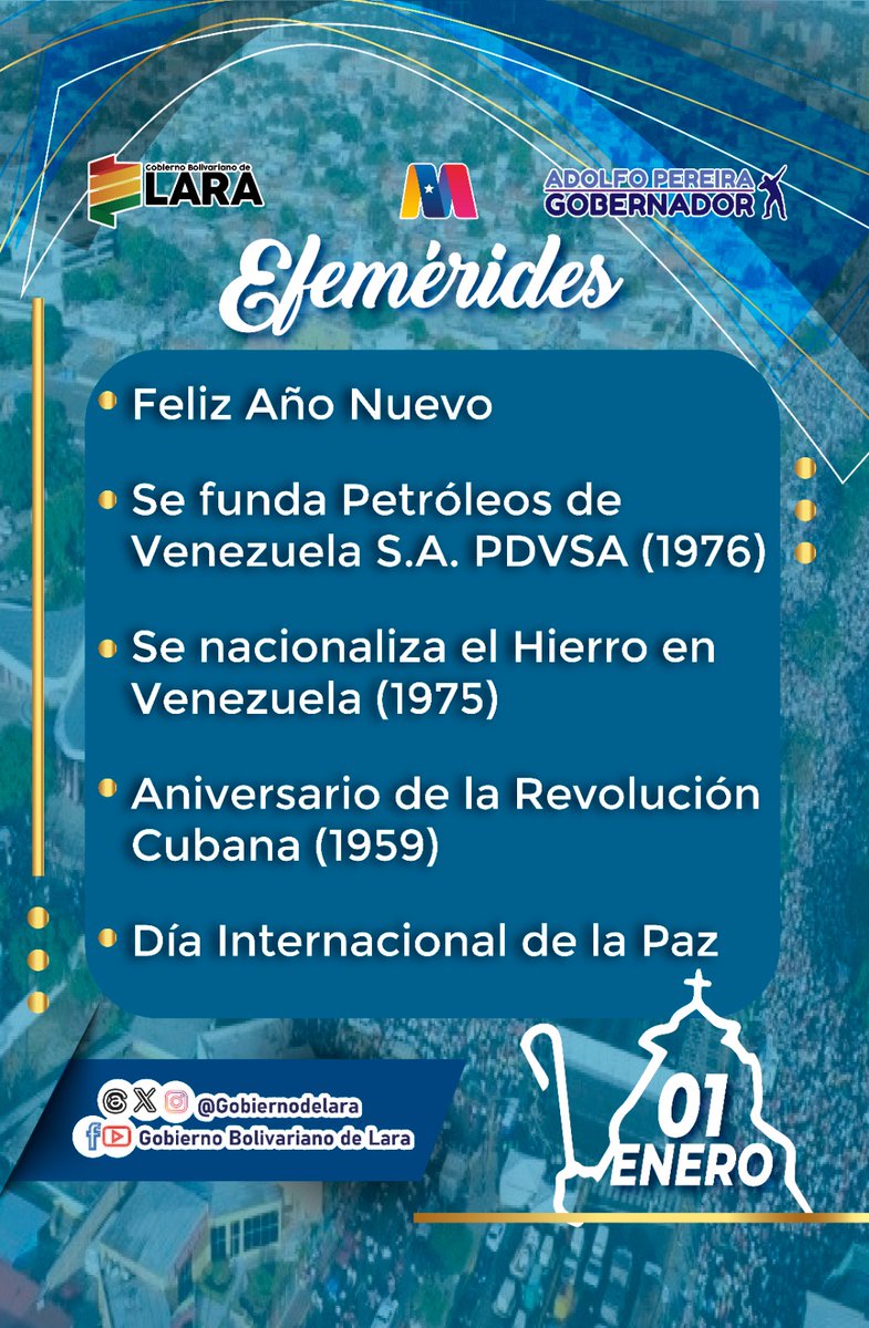gobiernodelara's tweet photo. #1Ene Feliz Año Nuevo pueblo larense. Seguimos venciendo 👊🏽
#Efemérides https://t.co/FeFzFudFwj