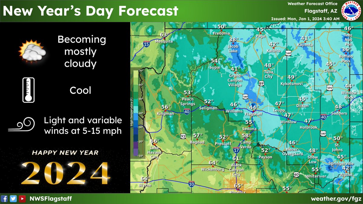 Wishing you a happy New Year from all of us at the NWS Flagstaff. Look for quiet weather as 2024 begins but with an active weather pattern setting in as the week progresses. Fair or stormy, a little of something for everyone over the coming week. #azwx