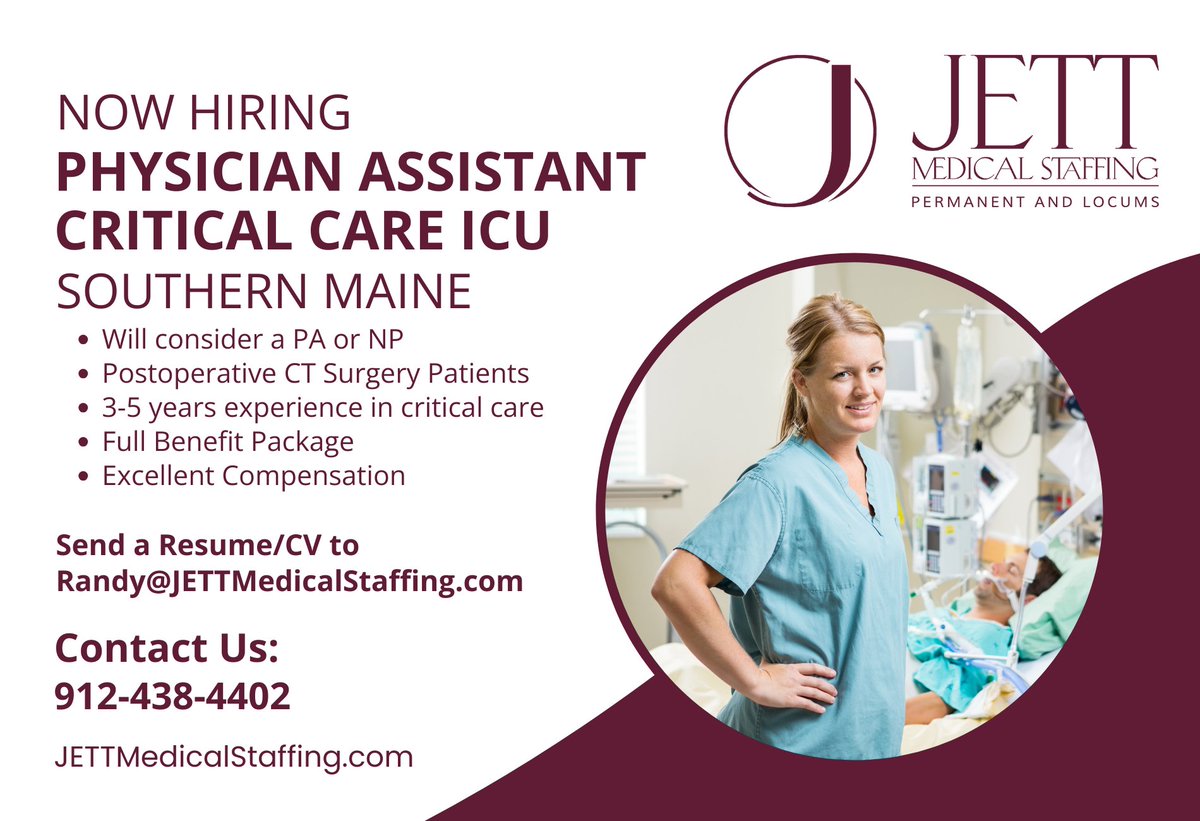 Now Hiring a Critical Care Physician Assistant for Maine!

Apply Here: 1l.ink/NLQB7TS

#PAOwnedStaffingAgency #PhysicianAssistantRecruiters #PhysicianAssistants #PAJobs #CriticalCareJobs #CriticalCare #MaineJobs #JETTMedicalStaffing