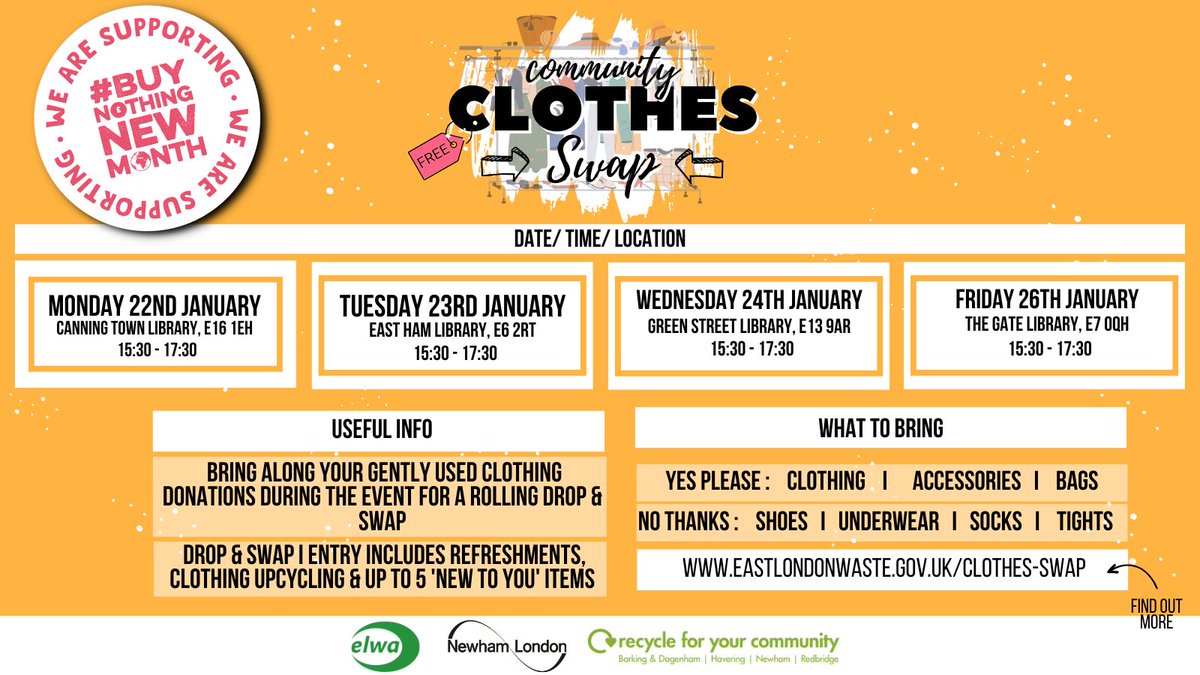 This #BuyNothingNewMonth we're hosting FREE Community Clothes Shop Events at @NewhamLibraries 🤝Let’s swap! Not Shop! ℹ️Bring along your donations during your local event for a rolling drop and swap. @RecycleFYC @KeepBritainTidy