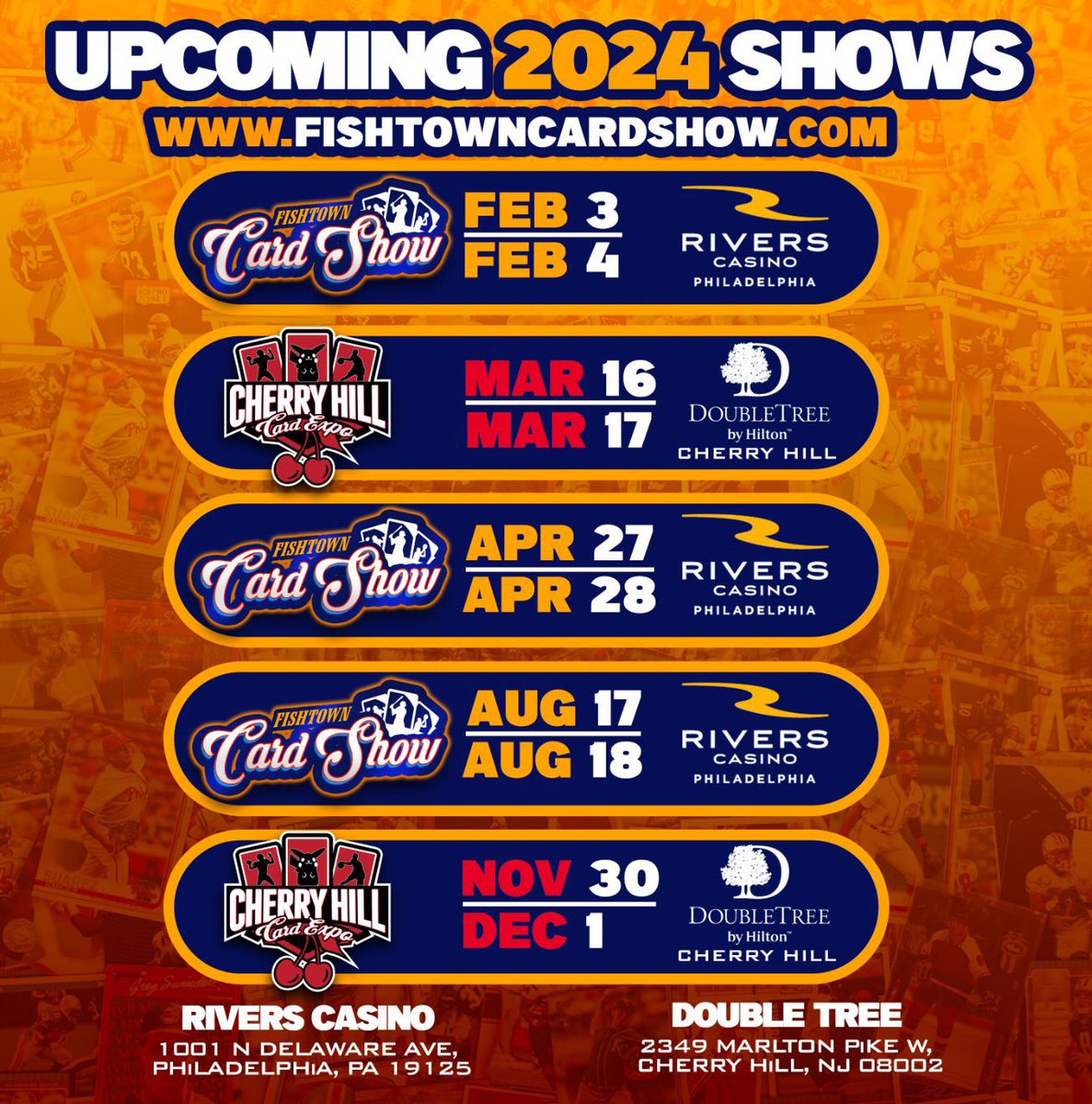 FishtownShow's tweet photo. π¨ BREAKING HOBBY NEWS
The stage has been set for the @fishtowncardshow & @cherryhillexpo in β24! Join us all-year-round for huge 2-Day events at BOTH locations π₯
Mark your calendars for ALL 5 DATES & weβll see you on Feb 3-4 in Fishtown!
#FishtownCardShow #CherryHillCardExpo https://t.co/deACEY5nJ5