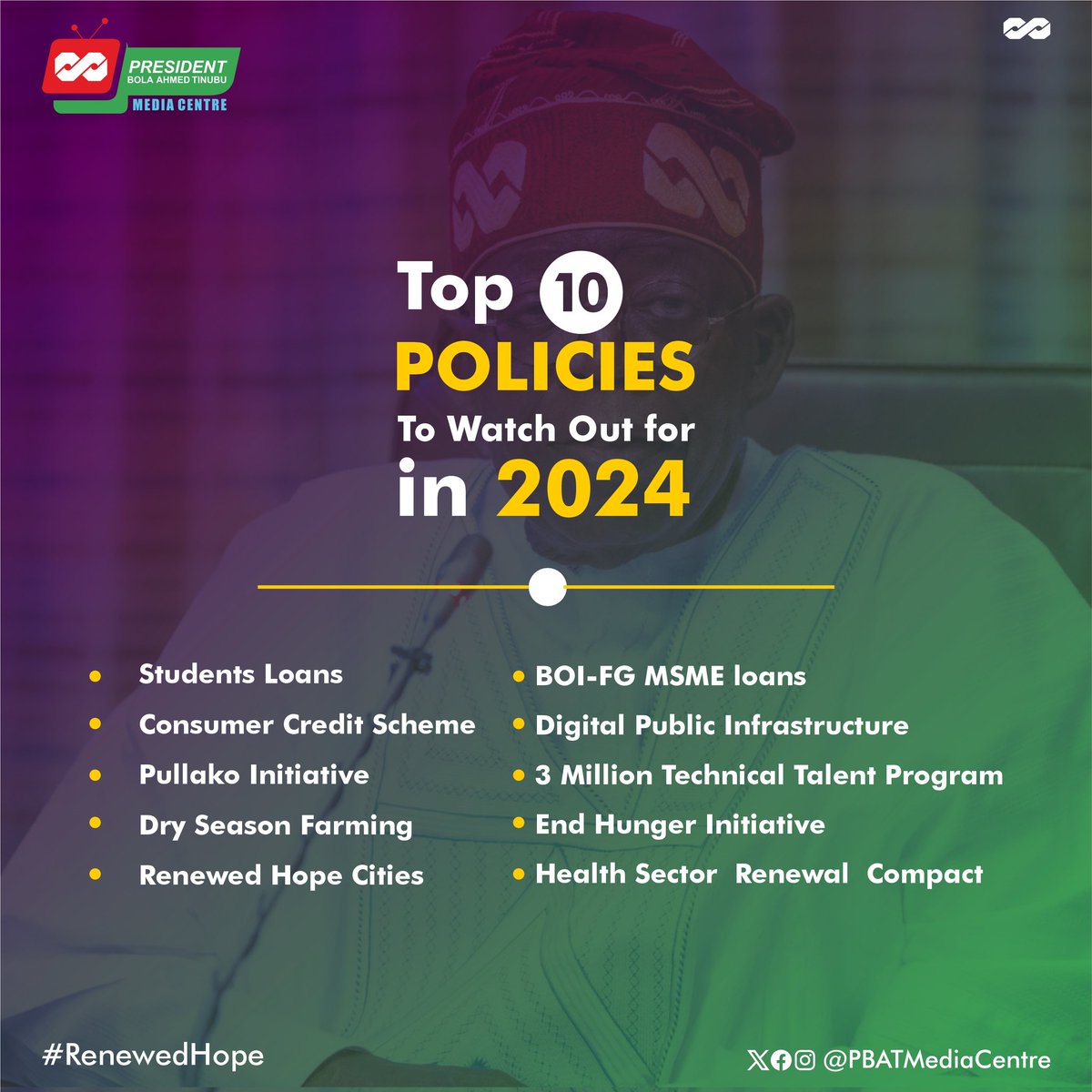 Kindly Watch Out For These Top Ten #RenewedHope Policies that will boost the growth and development of Nigeria In 2024: - Students Loan. - Consumer Credit Scheme. - Pullako Initiative. - Dry Season Farming. - Renewed Hope Cities. - Bank Of Industry-FG MSME Loans. - 3 Million…