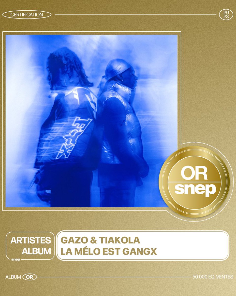 snep's tweet photo. L'album « La mélo est Gangx » de Gazo &amp; Tiakola est certifié Or ! 📀

50 000 équivalents ventes 📈

Bravo ! 👏 https://t.co/b6l3YbJx2k