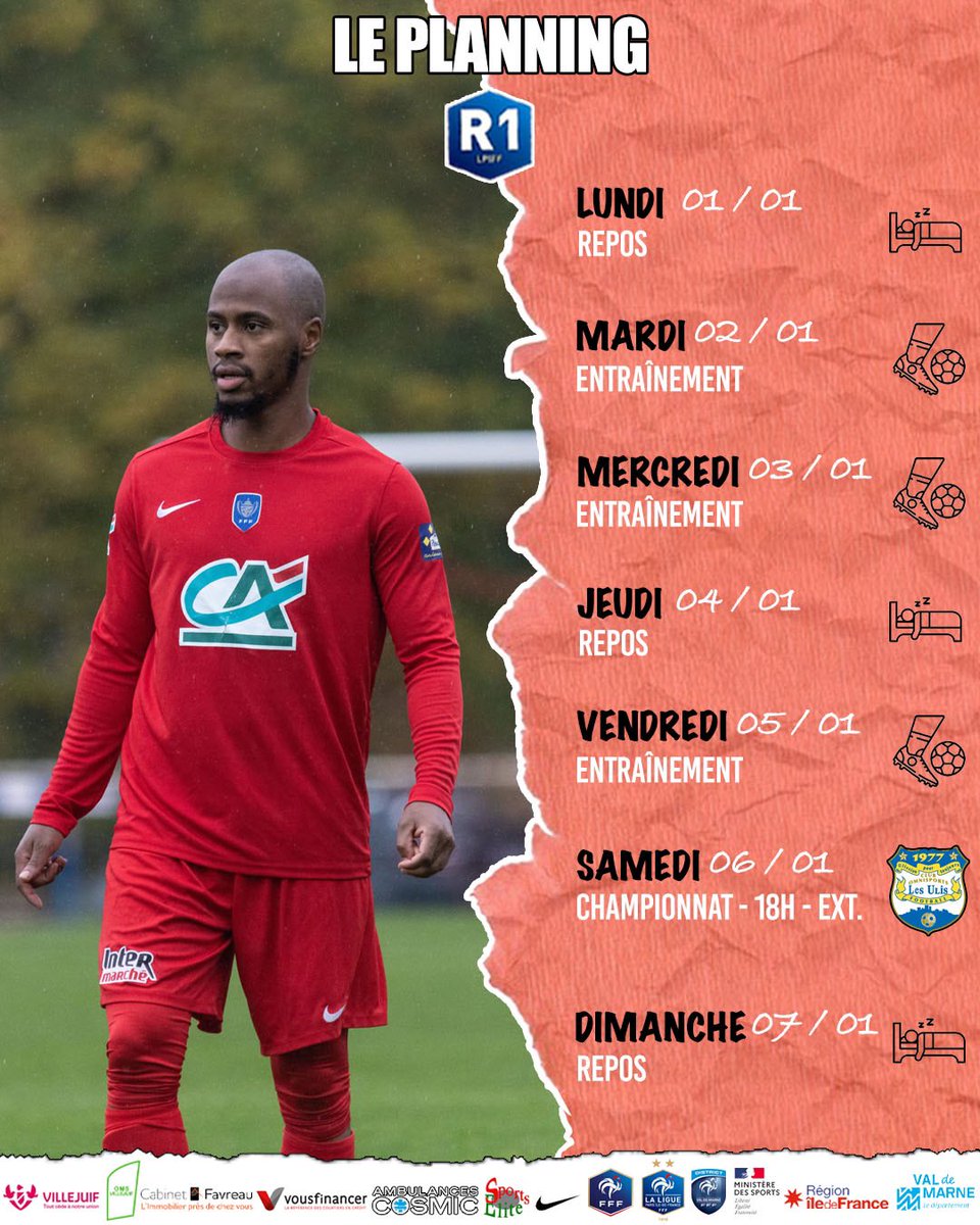 📋 𝗟𝗘 𝗣𝗟𝗔𝗡𝗡𝗜𝗡𝗚

Au programme pour nos Villejuifois : 3 séances afin de préparer la J8 de R1 face à <a href="/Uliscofootball/">uliscofootball</a>

Bonne semaine à tous ! 🔥

📲 Suivez-nous également sur nos autres réseaux sociaux : "𝗨𝗦 𝗩𝗜𝗟𝗟𝗘𝗝𝗨𝗜𝗙 𝗙𝗢𝗢𝗧" sur Facebook , Instagram et Snap !