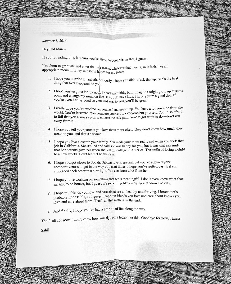 On January 1, 2014, I wrote a letter to my future self just before graduating.

Today, 10 years later, I opened it.

This hit me hard.

Everyone should do this.