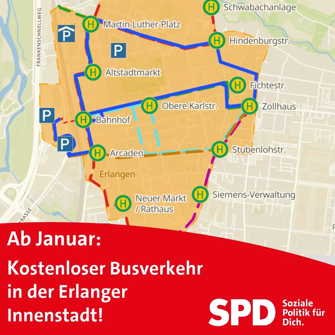 Seit heute ist das Nutzen des ÖPNV in der Erlanger Innenstadt kostenlos. Welche Haltestellen innerhalb diese Zone liegen, kann hier nachgesehen werden: erlangen.de/themenseite/ak… #Erlangen #ERrat