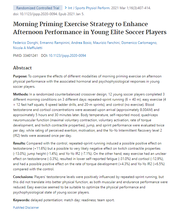 Want a testosterone boost for your afternoon workout? (More T = more muscle.) Well, maybe you should wake up and sprint, as this study shows. A morning sprint session increased T levels in the afternoon by 11.6% for young elite soccer players. 👇