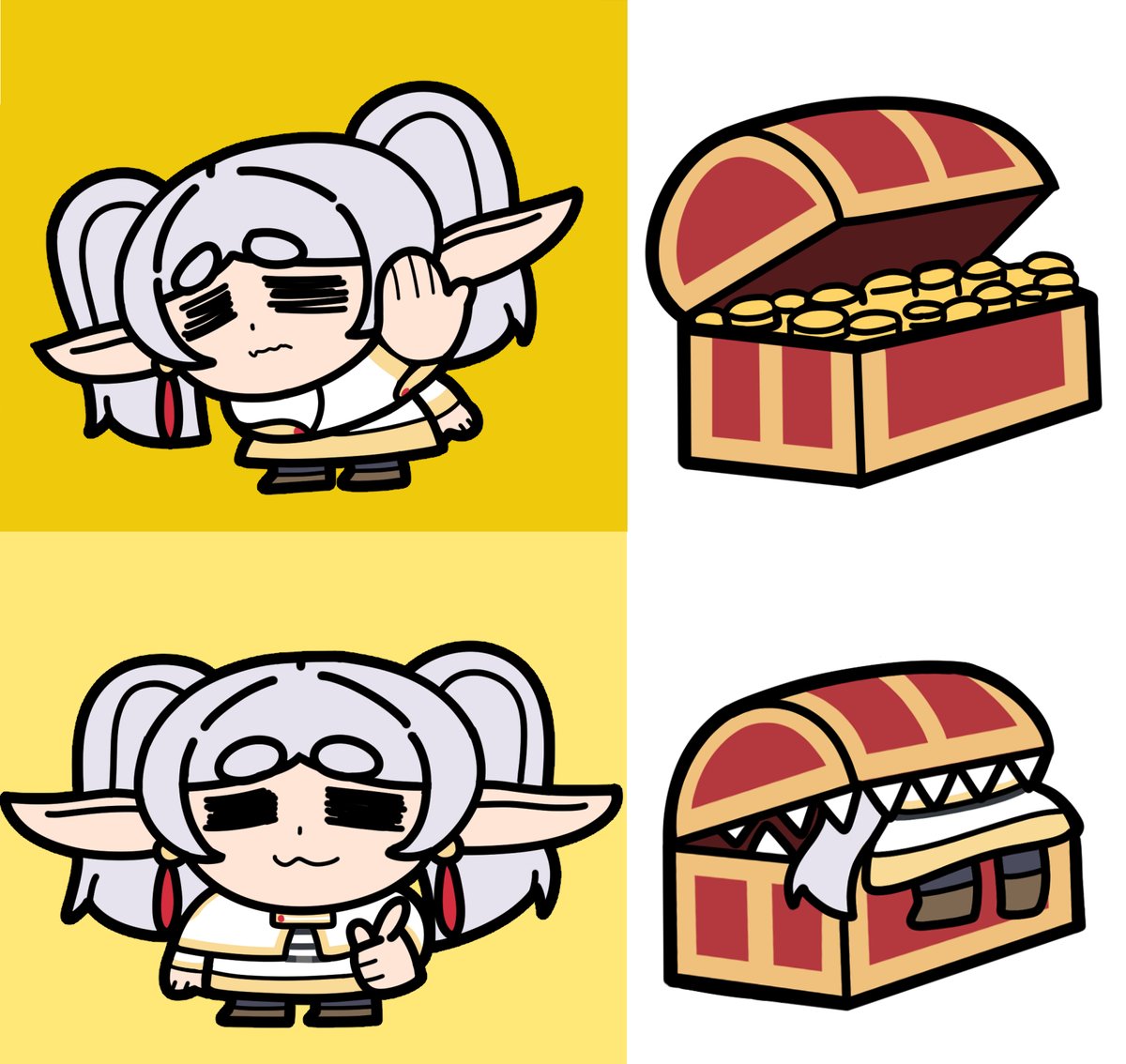 Tashidraw's tweet photo. I somehow drew Frieren bad/good meme for mimic and burger  

Please feel free to use my original drawing to do your meme and sharing    

#フリーレン #frieren https://t.co/FgTyMtlDDl