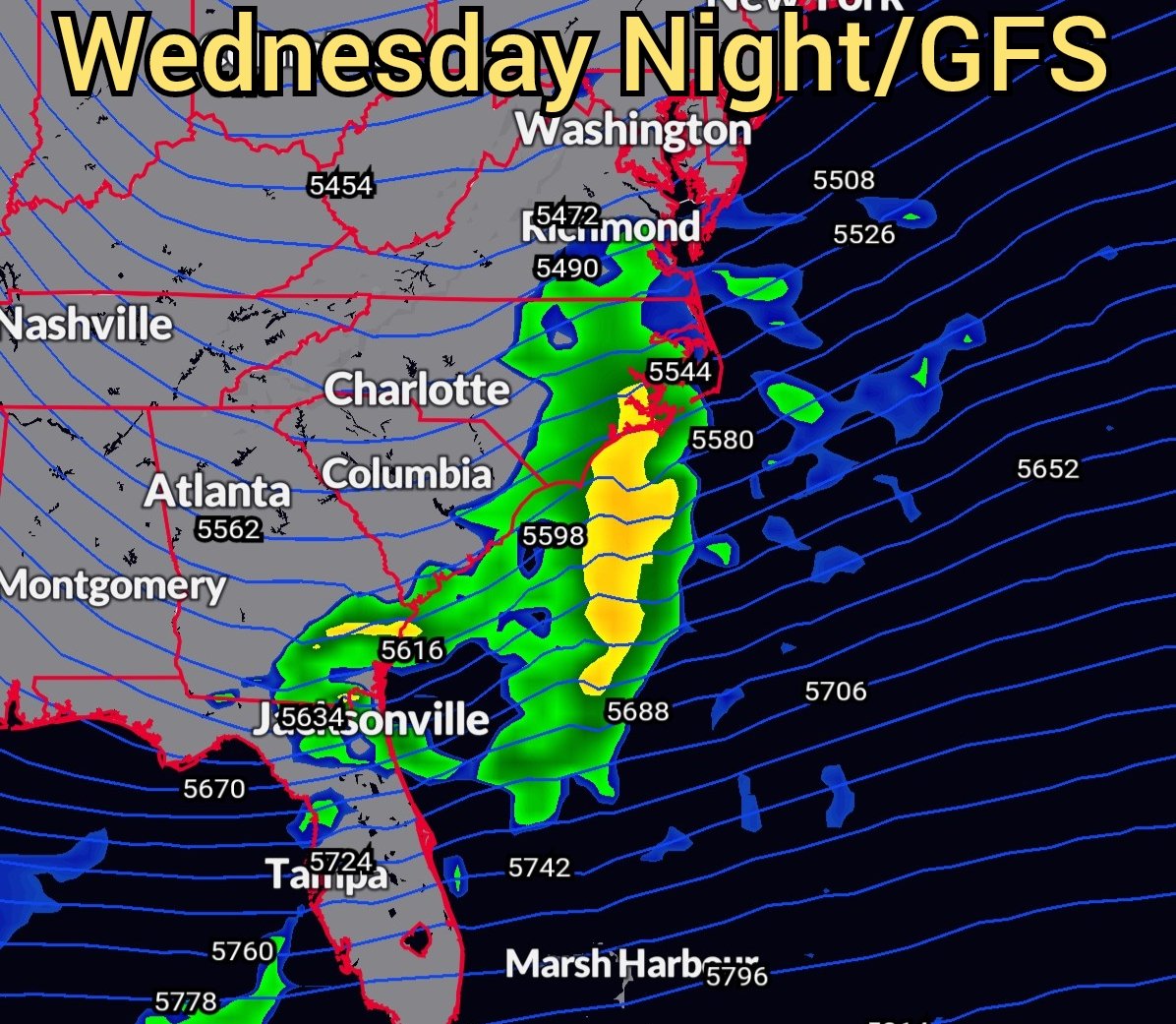 ctccbc's tweet photo. A sunny start to 2024 with highs into the mid/upper 50s. A cold night upcoming with lows in the low/mid 30s. Next chance of rain comes with a mid level trough shown on Wednesday night bringing widespread showers to the coastal Carolinas. Rain will continue into Thu before ending. https://t.co/MSK0QUESZb