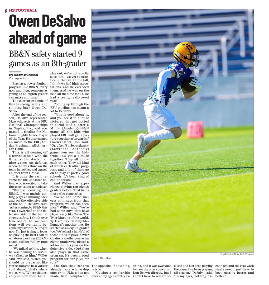 Local COHASSET native, 8th Grader, Owen DeSalvo, hits the BIG TIME with a FULL PAGE story in the Boston Herald on 01/01/24