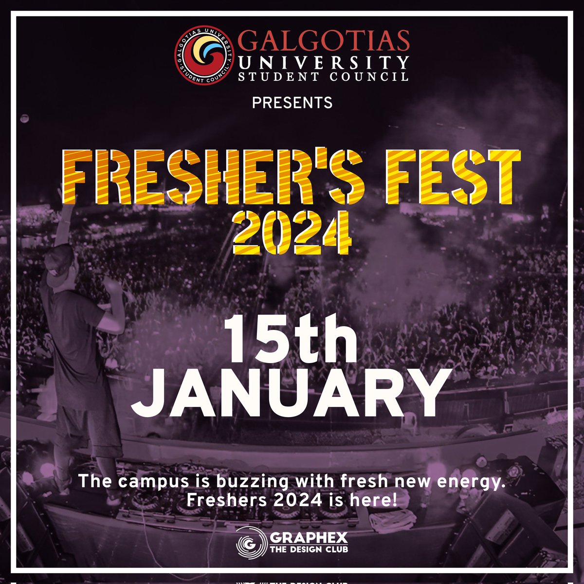 gucouncil's tweet photo. Freshers of 2024, get ready to drop a beat on your college story!  Join us for a night of epic vibes, lifelong bonds, and memories that'll make your textbook jealous✨️
.
.
@DGalgotia @GalgotiasGU 
.
.
#galgotiasstudentcouncil #freshersparty #2k23 https://t.co/BwFPZtKG11
