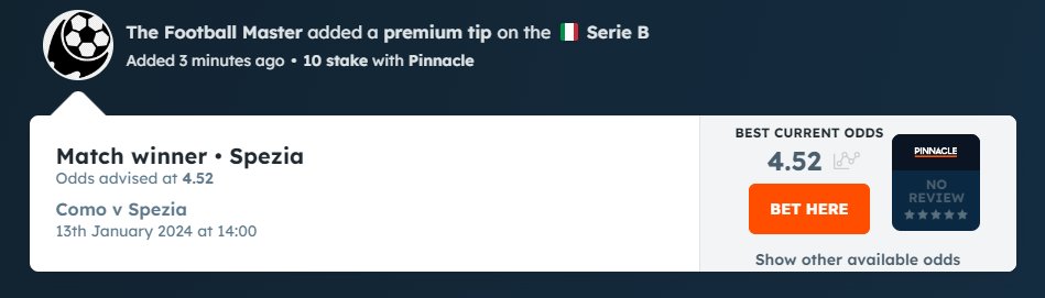 T_Foot_Master's tweet image. "Monday's Bet of The Day "     
13 January / Italian Serie B
Como vs Spezia 
Spezia to win @ 4.52  @Pinnacle     

#FreePick #BOTD like retweet