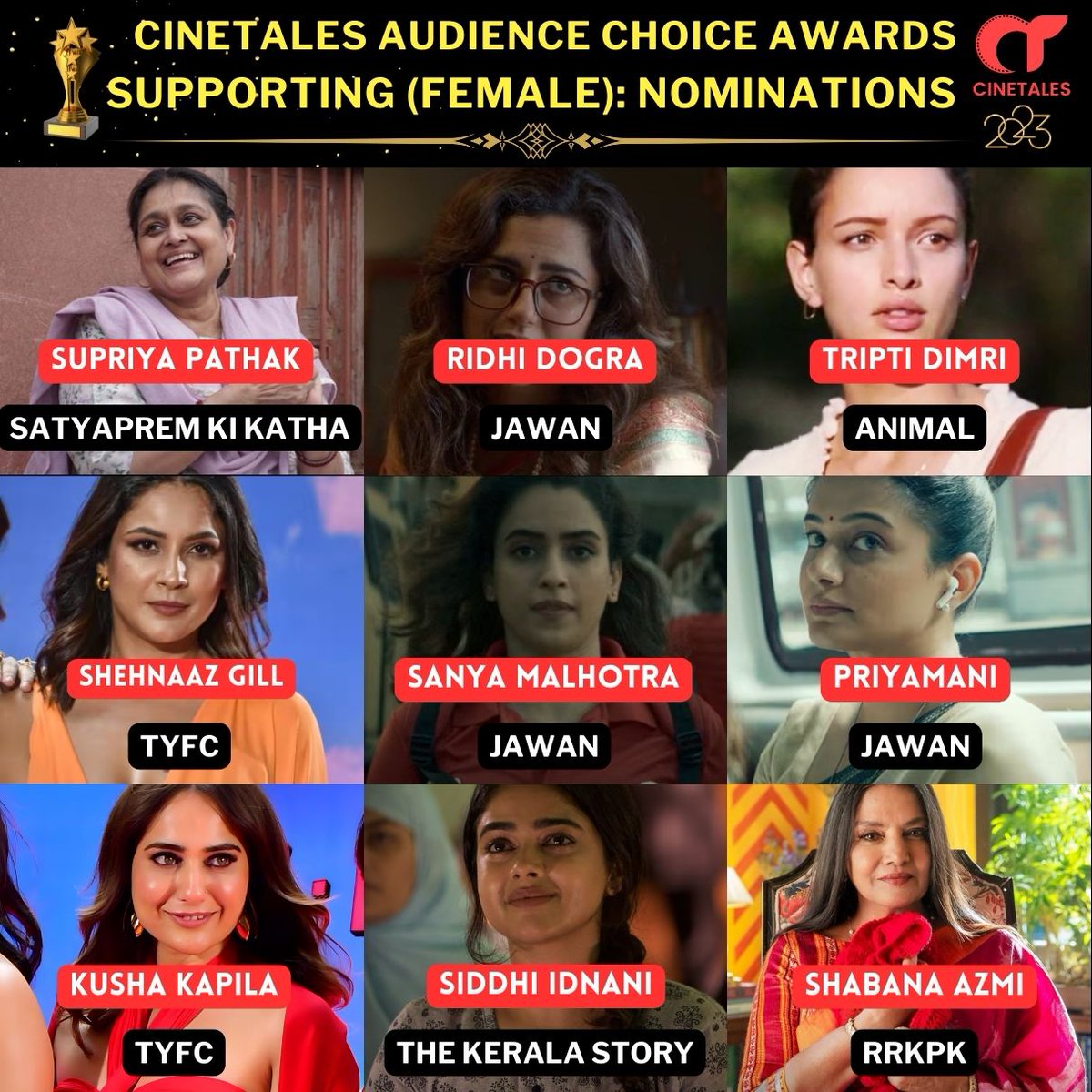 Nominations for the Best Supporting Actor (Female) 2023 ✨
1. #SupriyaPathak
2. #RidhiDogra
3. #TriptiDimri  
4. #ShehnaazGill  
5. #SanyaMalhotra  
6. #Priyamani
7. #KushaKapila
8. #SiddhiIdnani
9. #ShabanaAzmi 

Comment your favorite actor ⬇️ 
#BestActor #BestSupportingRole