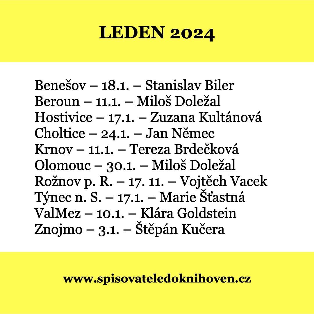 Leden je výborný měsíc na čtení a čtení, čtenáři a dialog o knihách patří do knihoven. Začněte nový rok zajímavými literárními setkáními! Projekt Spisovatelé do knihoven probíhá již 6. rok v knihovnách po celé České republice.
