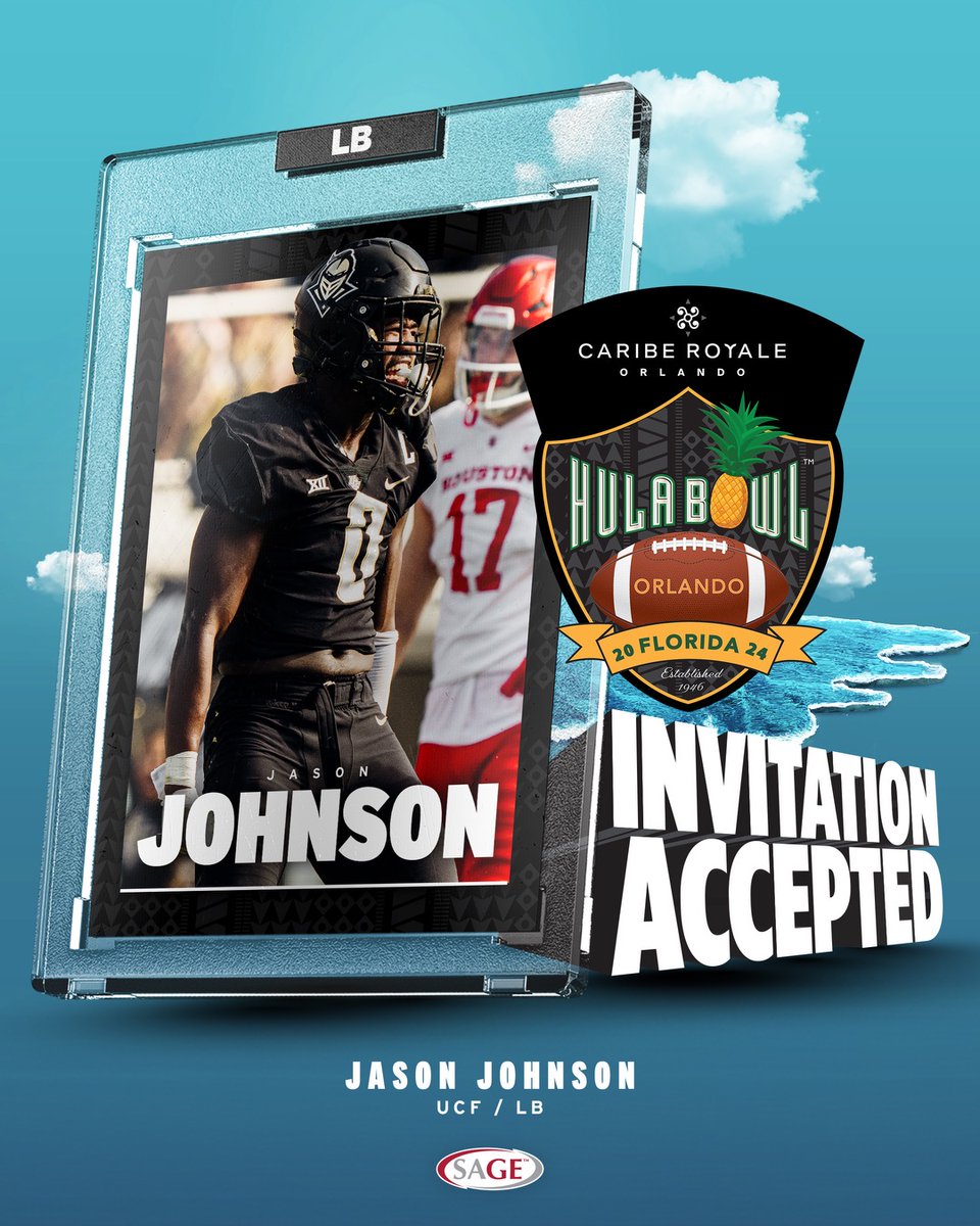 FROM UCF to the HULA BOWL! Jason Johnson @Jtown_8 the hard-hitting @UCF_Football linebacker has accepted his invitation to play in the 2024 @CaribeRoyale Orlando #HulaBowl @SageCards @DraftDiamonds