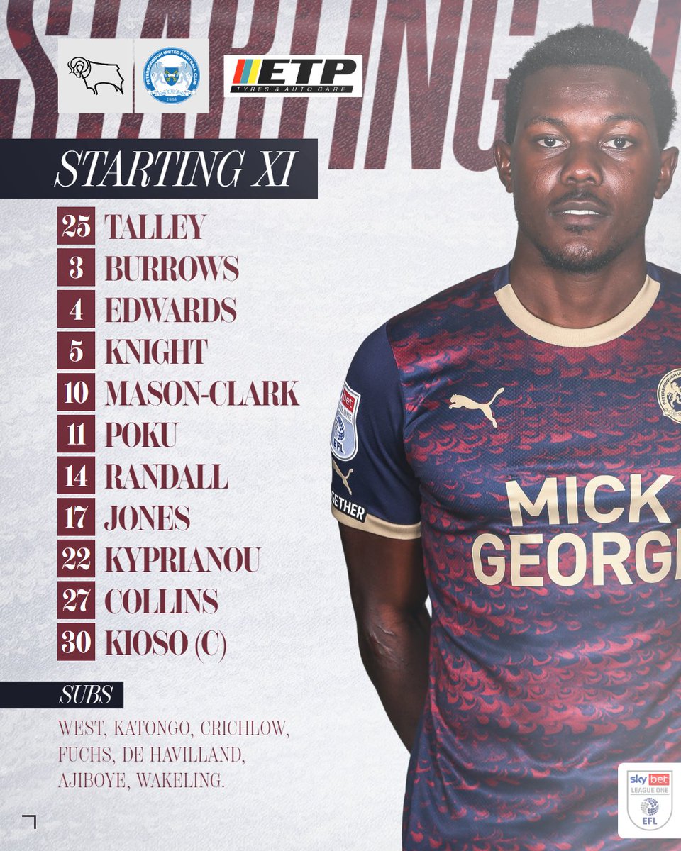 theposh's tweet photo. 👊 Here is how Posh line-up for today's Sky Bet League One clash at Pride Park.
Team news brought to you by @EtpAutoCare.
#DERPET | #pufc https://t.co/UK11jzaedW