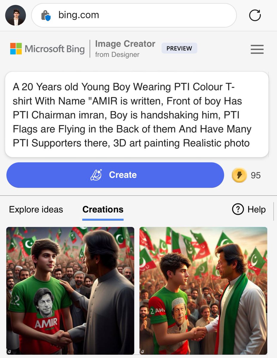 ASkhan151's tweet photo. Promt “ A 20 Years old Young Boy Wearing PTI Colour T-shirt With Name " Amir is written, Front of boy Has PTI Chairman imran, Boy is handshaking him, PTI Flags are Flying in the Back of them And Have Many PTI Supporters there, 3D art painting Realistic photo” https://t.co/OyXYGMeLfq