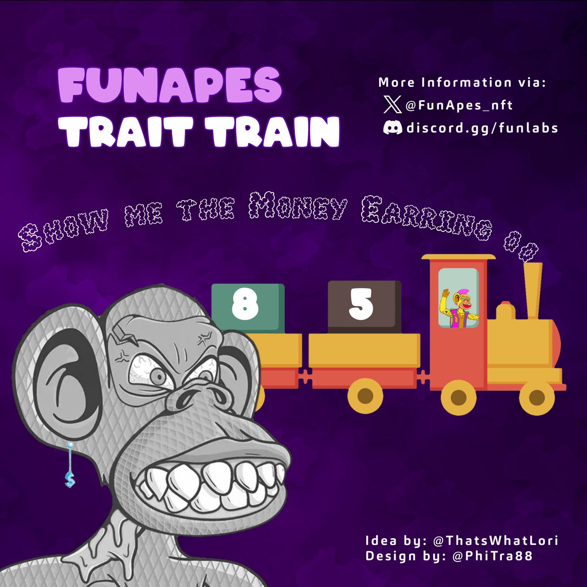 ThatsWhatLori's tweet photo. GM, #FunApesNFT Fam ๐
Welcome to day 85 of our 171 day long trait train ๐
Today we are showcasing an earring trait - Show Me The Money $
๐Category: earring
๐Supply: 69
๐
rarity: 0.78%
Post your Show Me The Money $
FA# 8682 owned by @Fun_J_J https://t.co/96Yxjf8Zfs