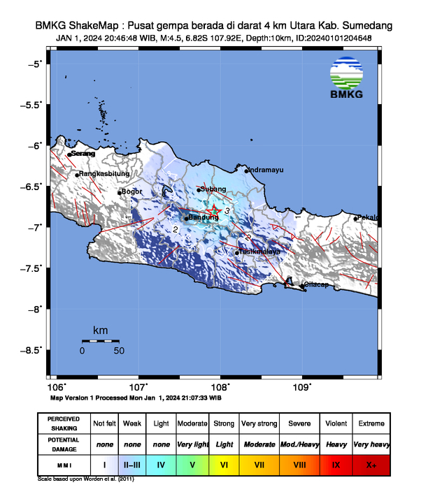 #Gempa (UPDATE) Mag:4.5, 01-Jan-24 20:46:48 WIB, Lok:6.82 LS, 107.92 BT (Pusat gempa berada di darat 4 km Utara Kab. Sumedang), Kedlmn:10 Km Dirasakan (MMI) III Rancakalong, III Jatinangor, III Bandung, II Cirebon, II Garut, II Subang #BMKG