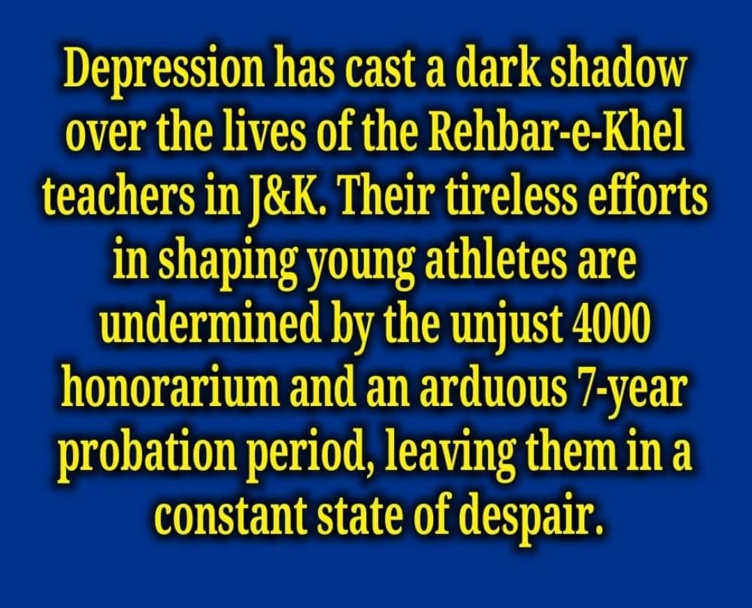 Depression has cast a dark shadow over the lives of the Rehbar e khel in j&amp;k. Their tireless efforts in shaping young athletes are undermined by the unjust 4k honorarium and an arduous 7 year probation period leaving them in a constant state of despair. <a href="/manojsinha_/">Manoj Sinha</a> <a href="/DullooAtal/">Atal Dulloo</a>