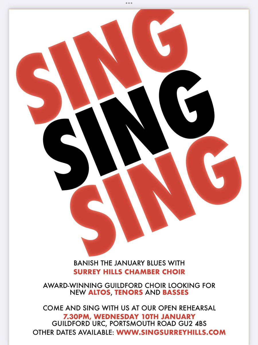A very happy new year to you all. 

Have you made resolutions? It’s never too late to resolve to do something new like sing!

Our choir is looking for #Altos, #Tenors and #Basses to join. Come along to open rehearsals on 10th January at #Guildford URC GU2 4BS from 7.30pm
