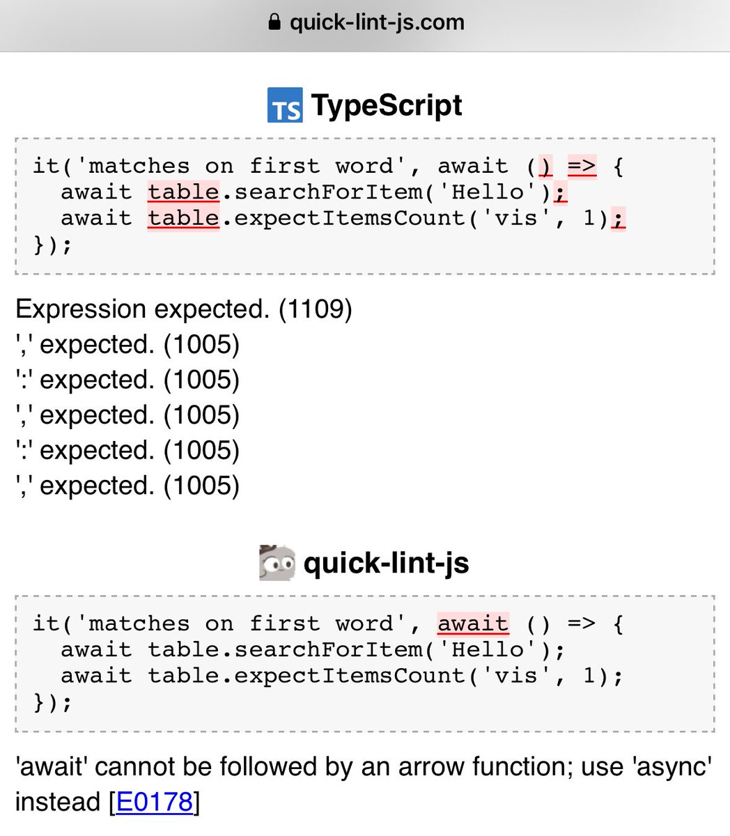 jamonholmgren's tweet image. Imagine if error messages in JS looked like the second example, not the first.