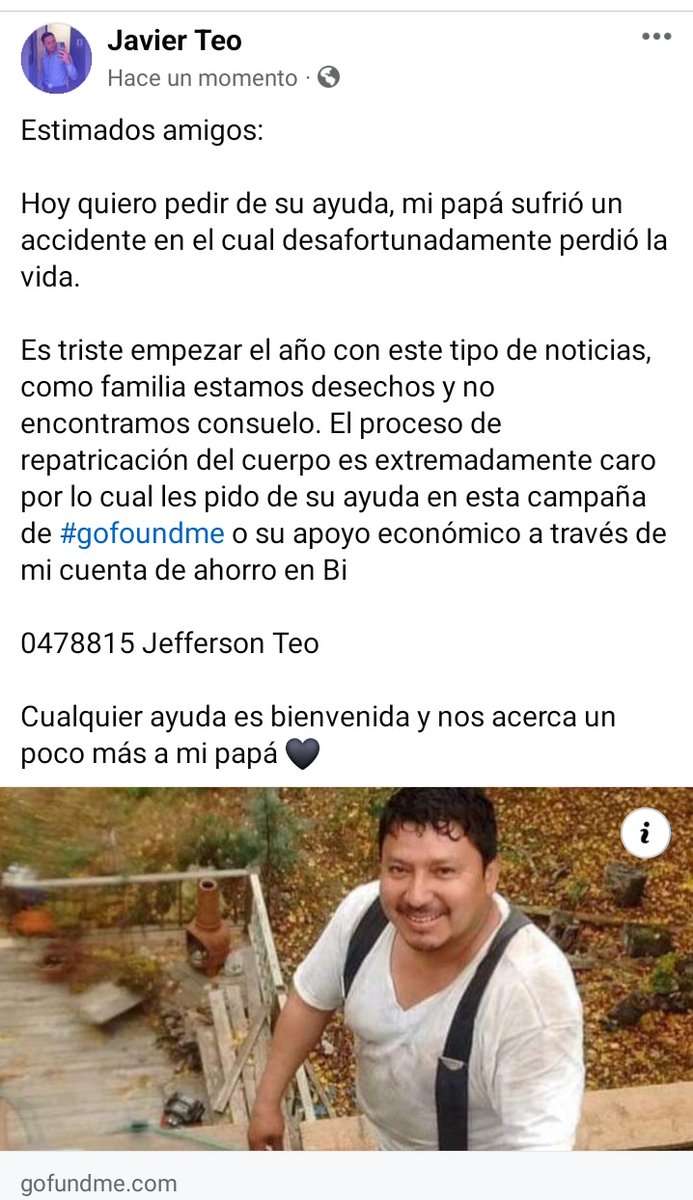 Jeffree09_'s tweet photo. Estimada comunidad de #X 
Inicio mi año mal y pidiendo de su ayuda. Mi papá fue atropellado en Estados Unidos el era inmigrante, nosotros no contamos con ls recursos para repatriar el cuerpo x lo q les pido puedan ayudarme con lo q este en sus posibilidades
#Twitterhaztumagia https://t.co/bbxnlKyynu