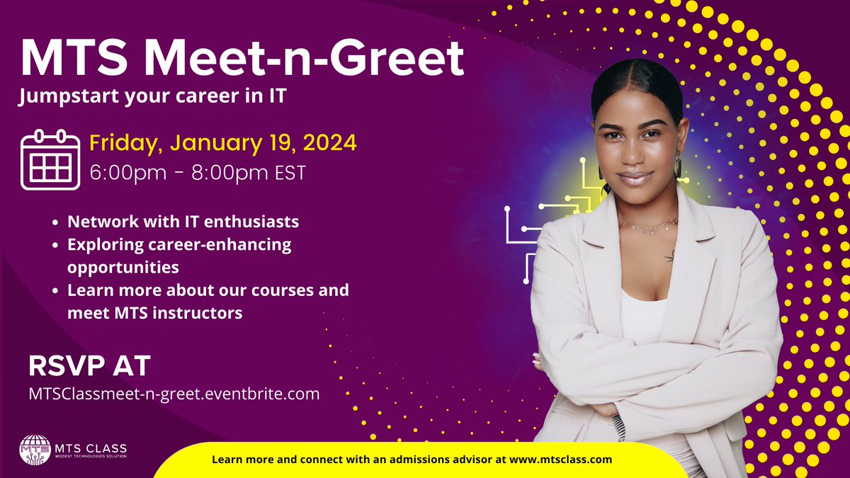 MTS_CLASS's tweet photo. Join us for an exclusive Meet-n-Greet event with MTS Class on January 19th! 🤝 Network with fellow IT enthusiasts and expand your search for exciting career opportunities. RSVP now:  https://t.co/BHBEMJ5Wse 

#MTSClass  #Techevents #Linux #LinuxCore #ScrumMaster #ITHelpDesk https://t.co/KshotpiS7k