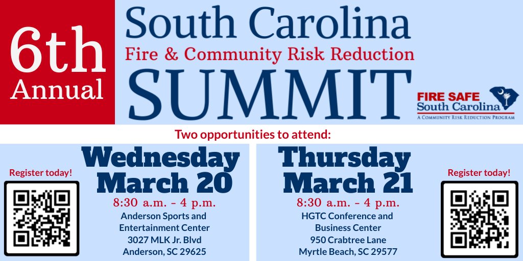 You have two opportunities to attend the 2024 Fire &amp; CRR Summit. 
Click on the QR code (Anderson or Myrtle Beach) to register today!