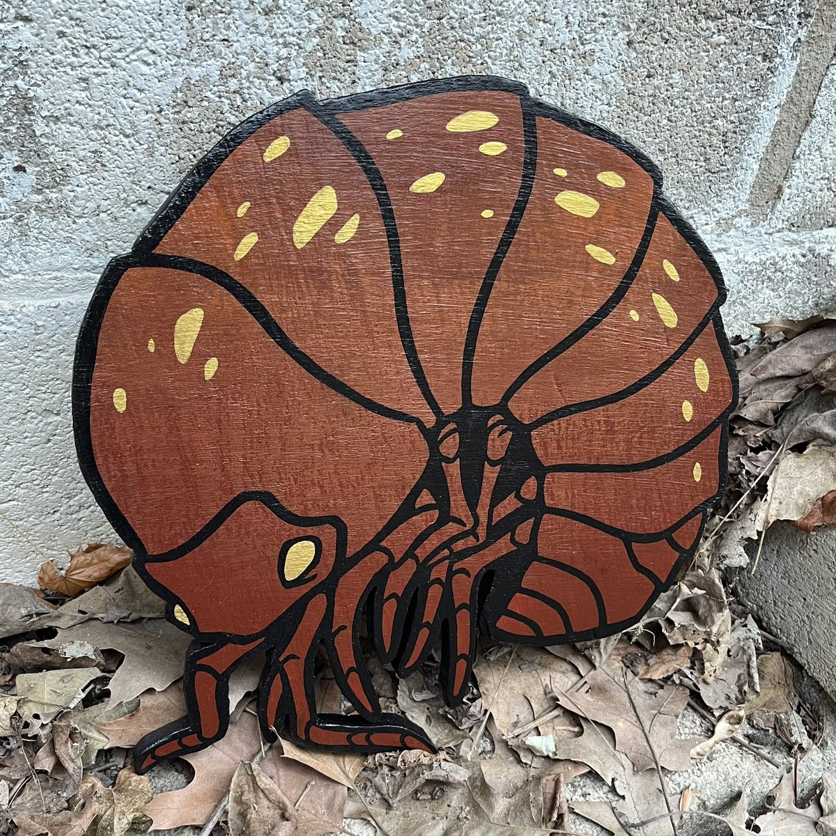 voncricket's tweet photo. Isopod woodcut all varnished and wrapped up. #woodart #acrylicpainting https://t.co/6cAJzO9Qc8