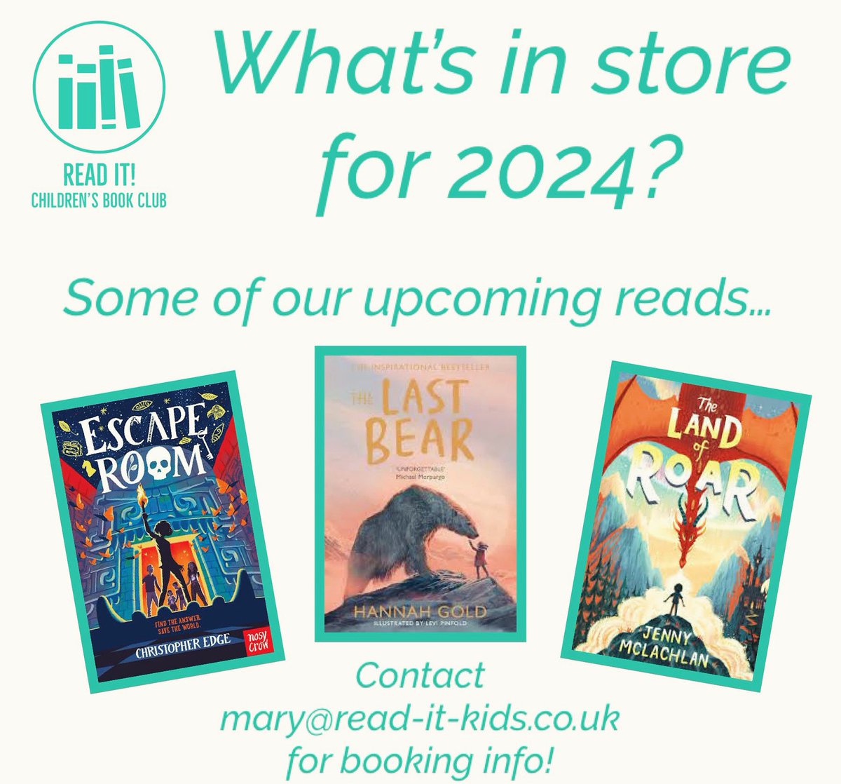 Some brilliant books in store for 2024 at Read It! Children’s Book Club. Tuesdays 3:30-4:30 at Chapter 34 Book Shop, Shoreham-by-Sea. For more information or to book, contact mary@read-it-kids.co.uk @read_it_kids @edgechristopher @HGold_author @JennyMcLachlan1