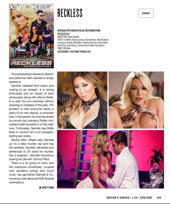 Thankyou @AVNMediaNetwork @XRCOAwards for the ⭐️⭐️⭐️⭐️⭐️ REVIEW FOR RECKLESS   @WickedPictures @axelbraun<a class="tags" href="/tag/avnmedianetwork">@avnmedianetwork</a><a class="tags" href="/tag/xrcoawards">@xrcoawards</a><a href="/tag/x3show"class="tags"><span>#x3show</span></a>