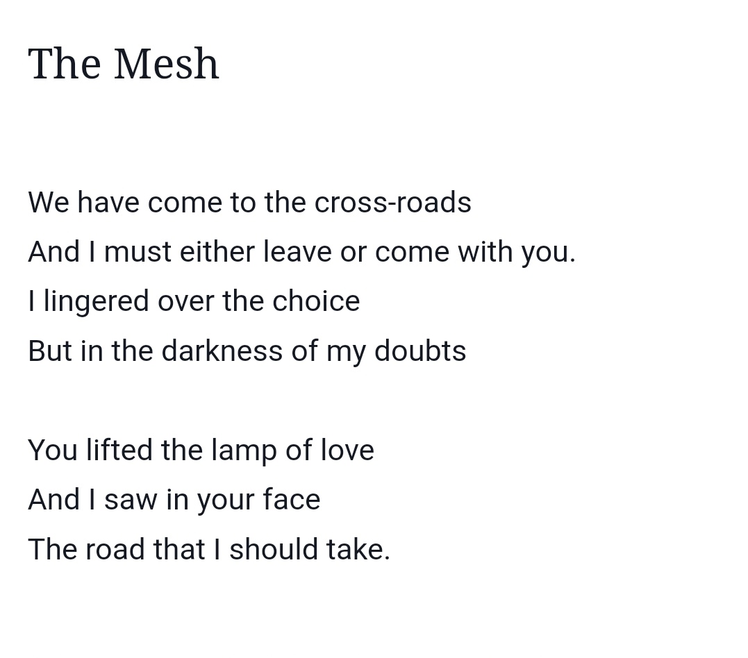 'The Mesh' by Kwesi Brew When I started writing in secondary school, I discovered this poem and it's simple and heartwarming message has stayed with me since. allpoetry.com/poem/12172554-… #AfricanPoets2024