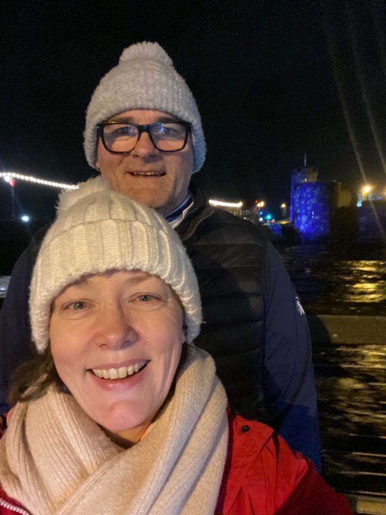 Day1 #roundtwocrew @NewstalkFM  Enjoying the #Limerick lightshow  #100daysofwalking around the city with  @themariamchale on 1st January 2024! Happy New Year! #walkers 🚶‍♂️