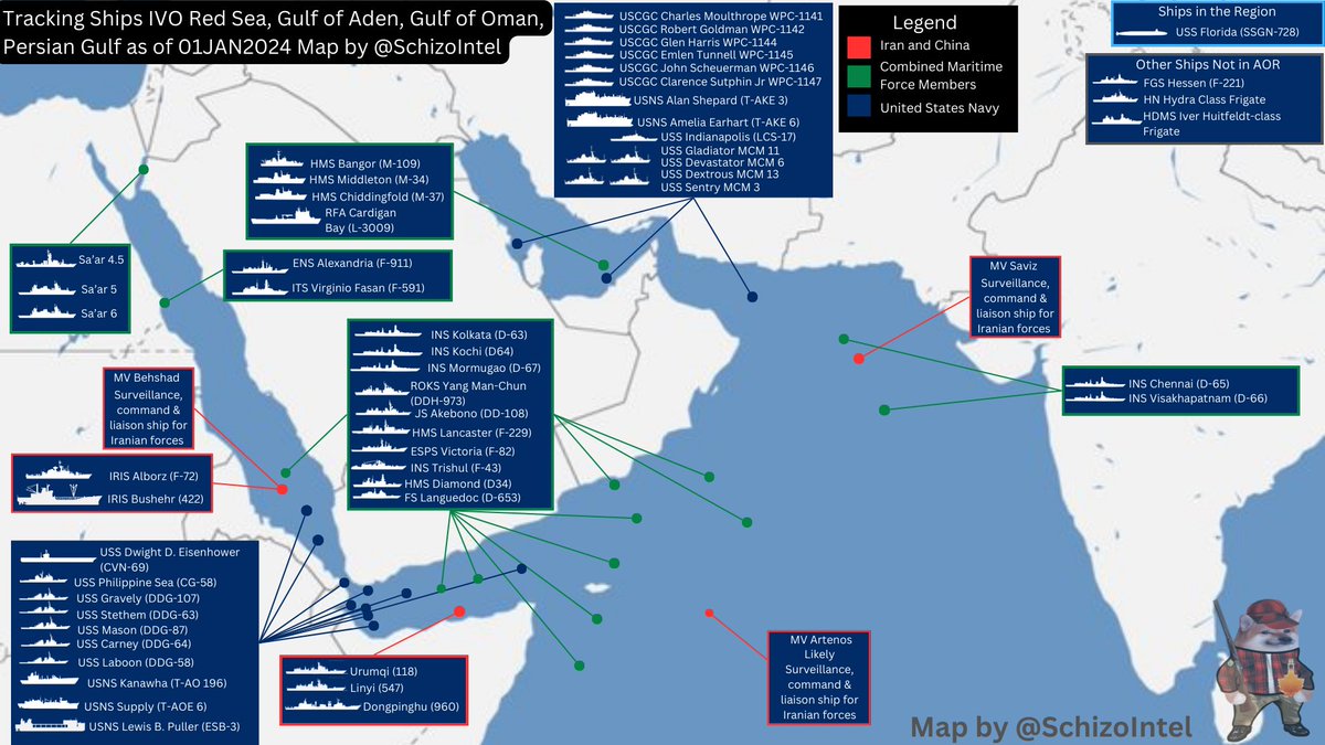 01JAN2024 Updated map of warships operating in Red Sea, Gulf of Oman, Gulf of Aden, Persian Gulf, Arabian Sea. Updates: Important Context: Today I'm seeing a lot of people regurgitating IRGC media reports that the IRIS ALBORZ has been sent to the Red Sea and that this is…