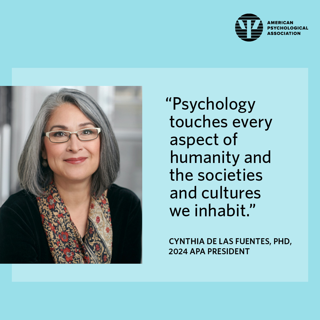 Welcome APA 2024 President @Cynthia4APA! She is the clear, passionate voice psychology needs right now. Her long history of service to APA and pro bono work to benefit the Latinx immigrant community are a testament to her strong values.