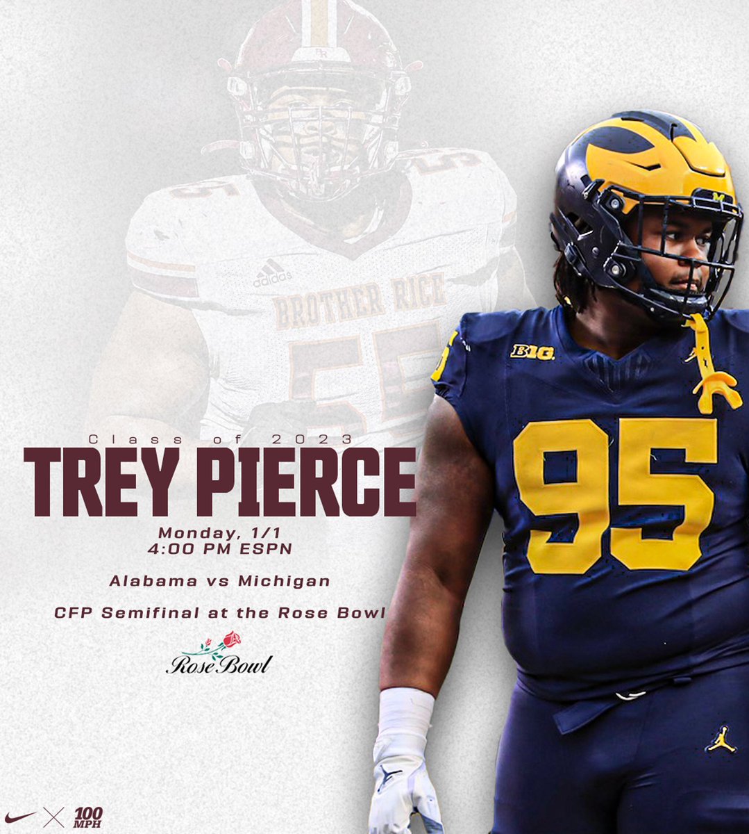 BrotherRiceFB's tweet photo. 🚨Game Day 🎳
Good luck to @treypierceiii and @UMichFootball as they take on @AlabamaFTBL in the @rosebowl2024. Catch all the action on @espn starting at 4:00 cst. With a win the Wolverines advance to the National Championship!
🎨 Nick Scarriot ‘25
#WeAreBR | #100MPH | #GoBlue https://t.co/kCJCSKuIJN