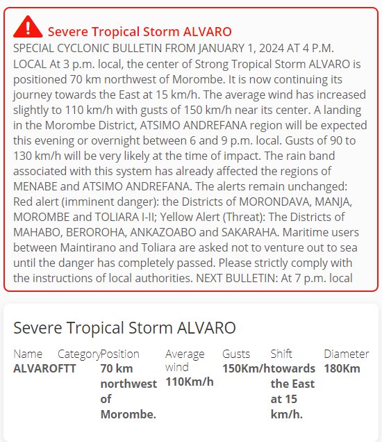 VortixWx's tweet photo. A Red Alert has been issued for parts of #Menabe & #AtsimoAndrefana regions of #Madagascar. Landfall is expected shortly & dangerous impacts from strong winds & heavy rainfall are ongoing from #Alvaro. #tropicswx https://t.co/az3bUAwcBT