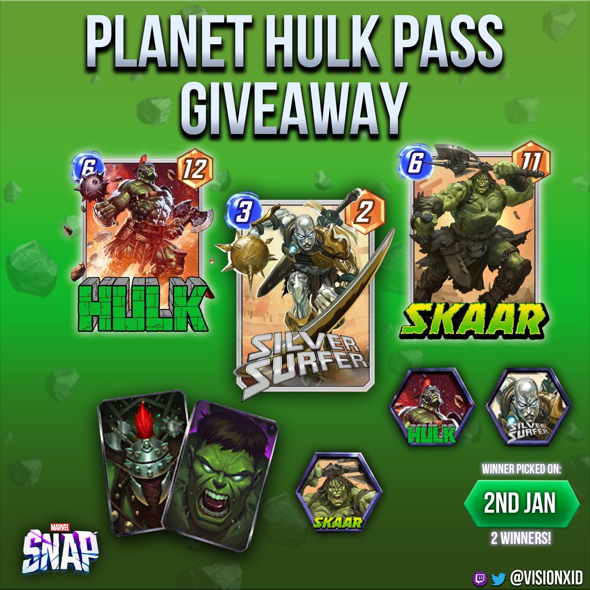 🎉 YOU KNOW WHAT TIME IT IS!! 🎉 

To Enter:
1. Like &amp; Retweet this post!
2. Follow me @ViSiONXiD 
3. Tag a Friend or Comment your MVP card of the SEASON!

Winners announced JAN 2ND. 🙌

Goodluck Everyone, thank you for a whole year of Marvel Snap ❤️😘🎉