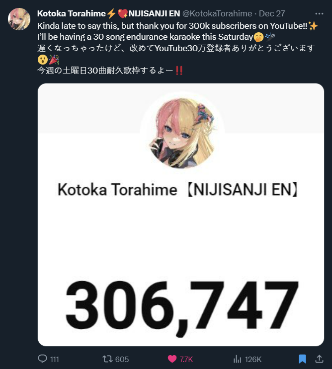 LA_Nightraine's tweet photo. 12/27
> 🎉 #KotokaTorahime reached 300k YouTube subscribers!

12/30
> 🎂 Kyo Kaneko birthday celebration 2023 #KyoBDay2023
-->> 🛍️ Birthday goods and voice
-->> 🔴 Celebration/"Roasting" stream with NIJI EN https://t.co/zMoUSLhEUp