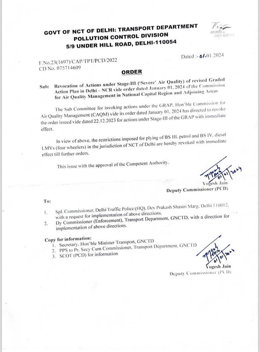kgahlot's tweet photo. In light of the improved air quality in Delhi, Stage-III of the GRAP has been revoked.

Therefore, the restrictions imposed on the plying of BS-III petrol and BS-IV diesel LMVs (4 wheelers) in Delhi are lifted with immediate effect until further orders. https://t.co/u8tPb5PBcx